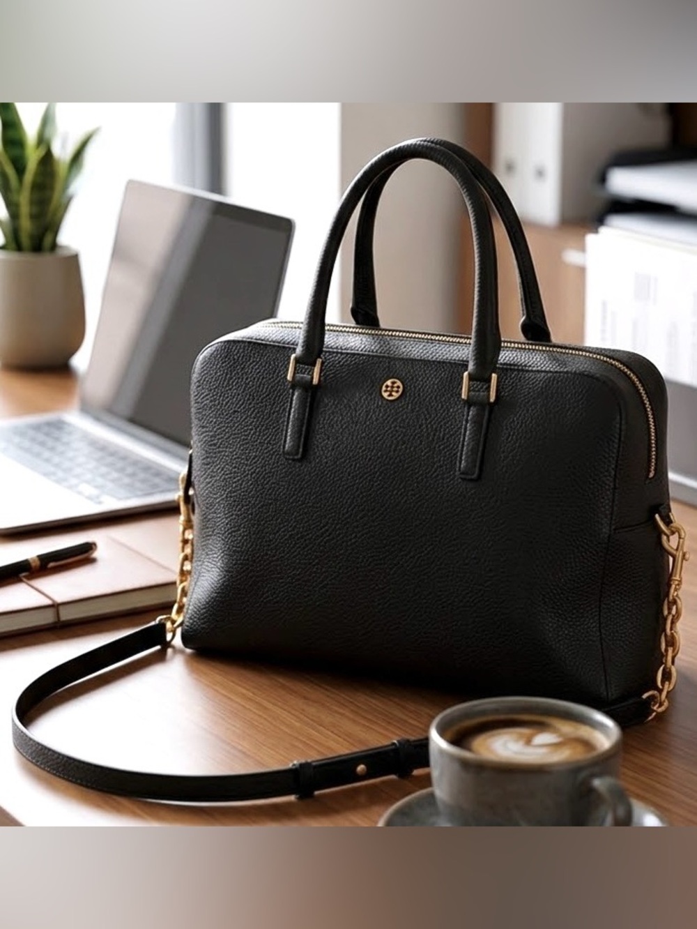 Authentic Tory Burch Georgia Pebbled Double Zip Satchel Black Leather Crossbody